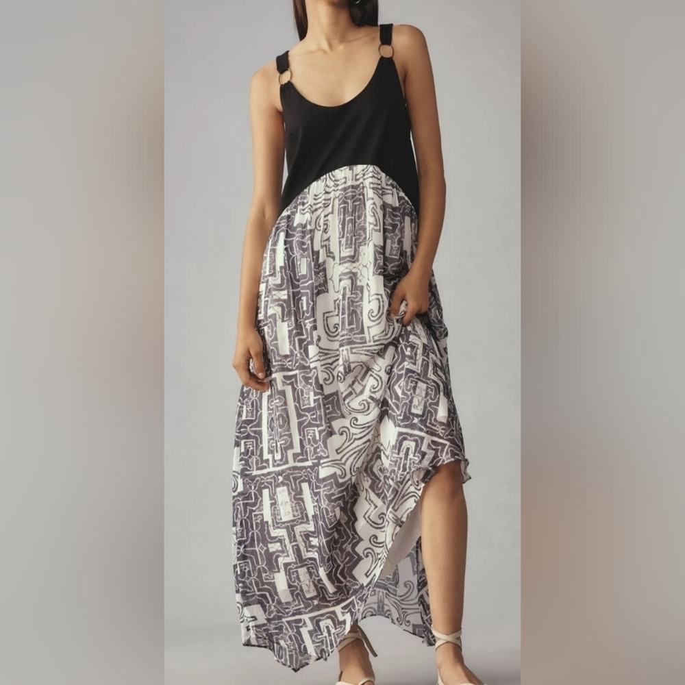 Anthropologie Sleeveless Scoop-Neck Maxi Dress Black/ White Size Xs